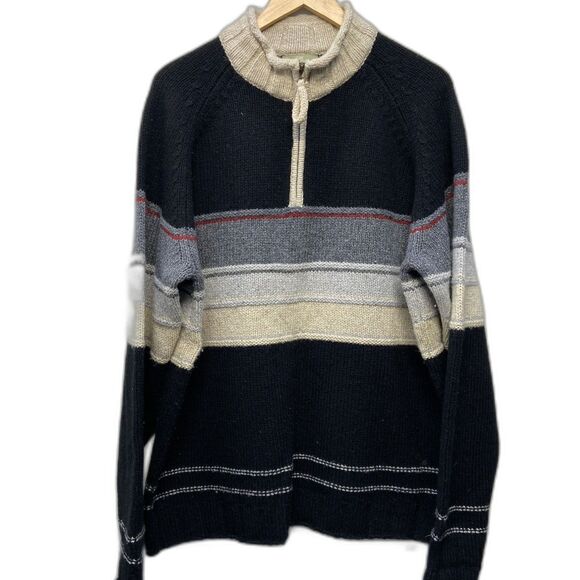 The Territory Ahead Men's XL Wool Blend Black Cream Striped 1/4 Zip Knit Sweater - Picture 1 of 6